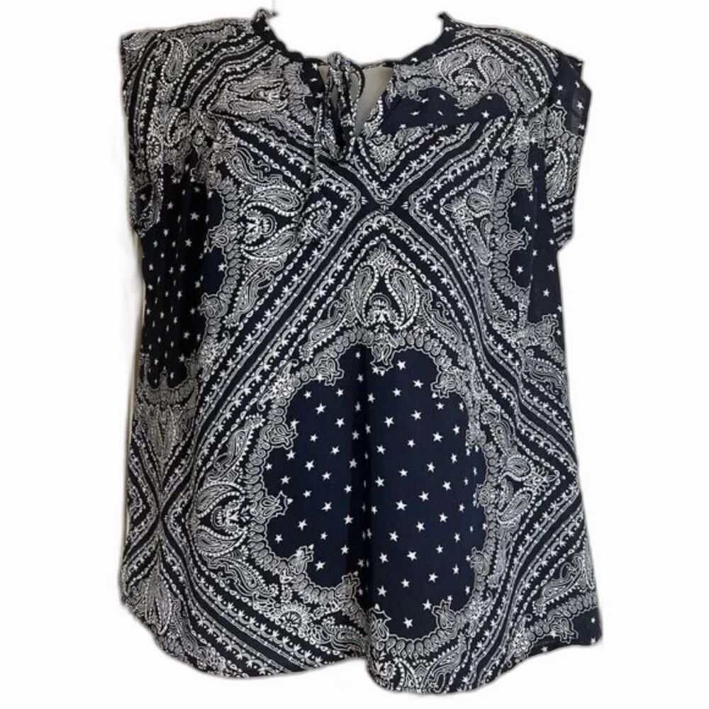 Paisley Print Tie Neck Blouse Cap Sleeve Boho Peasant Top Size Small Navy Stars